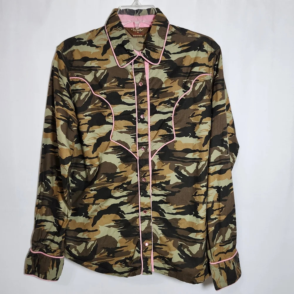 Walls Ranch Wear Juniors Girls Size Large Western Shirt Pink & Camo Cowgirl